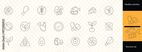 Healthy nutrition and dietary restriction food icons in thin linear vector illustration set. Includes labels for vegan, keto, paleo, allergen free, low carb and certified organic dietary 