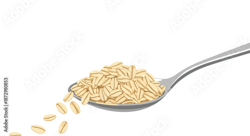 A silver spoon overflowing with raw oat flakes, with some spilling off, isolated on a clean white background to represent a healthy breakfast.