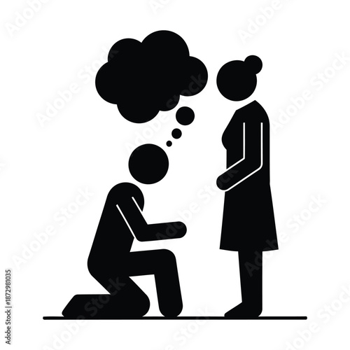 Man proposing on one knee to woman with thought bubble proposal marriage