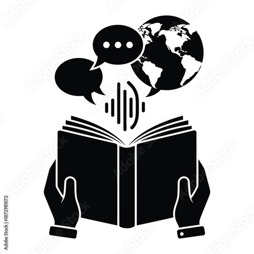 Open book with speech bubbles and globe symbolizing global communication and learning hands holding