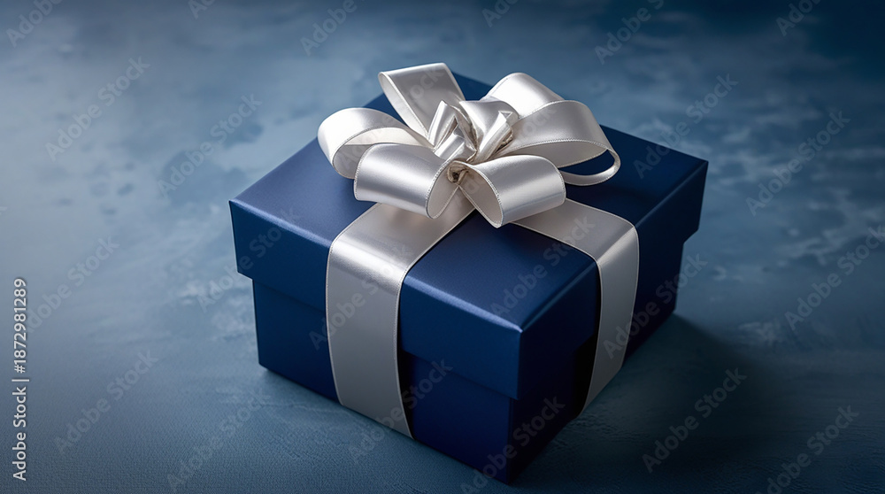 Obraz premium Elegant navy blue gift box adorned with a luxurious silver ribbon bow, perfectly placed on a subtle textured background