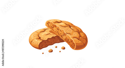 Two crunchy, oblong vanilla sugar cookies with a cracked surface texture and tiny crumbs, illustrated in a charming, rustic art style.