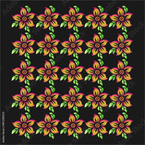 Vibrant floral motifs repeat in perfect harmony, blending fiery petals and lush green leaves into a mesmerizing pattern of elegance and natural symmetry.