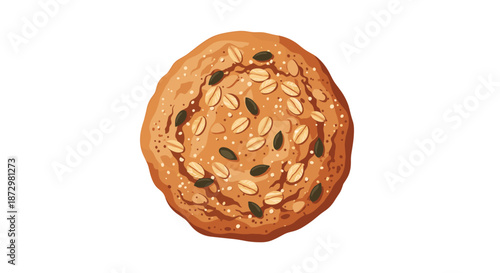 Top-down view of a healthy oatmeal cookie topped with rolled oats, pumpkin seeds, and sesame seeds, isolated on a white background.