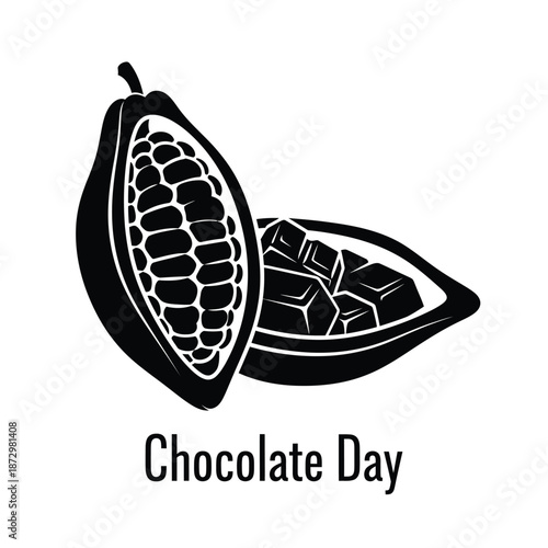 Black silhouette of cocoa pod with beans and chocolate squares Chocolate Day vector