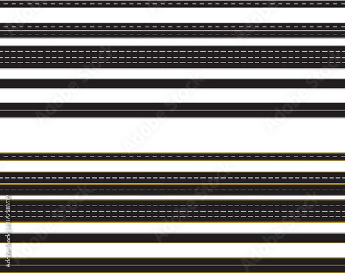 City road and highway top view. Straight and curve roadway. Parts of single and double roads. Transport icons. Aerial view of asphalt street and Road from above with footpaths and crossroads