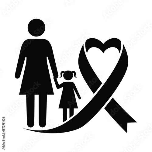Black silhouette of mother and child holding hands next to a heart shaped ribbon family love