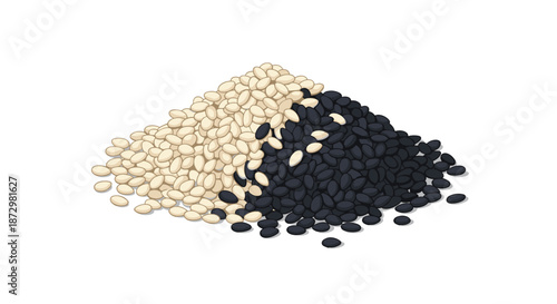 A neat pile of black and white sesame seeds, with a distinct separation between the two types, isolated on a white background.
