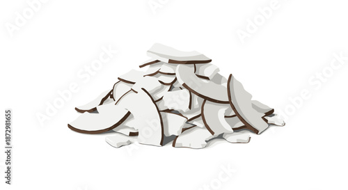 A pile of dried, white coconut flakes with brown skin edges, used for baking and as a topping, isolated on a white background.