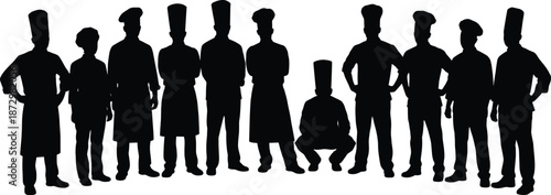 Silhouette of chef team in uniform with hats working together, symbolizing culinary collaboration, kitchen staff unity, and professional cooking