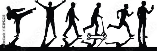 Silhouette of diverse human activities with reflections including walking, running, kicking, dancing, and using smartphone in minimalist black illustration