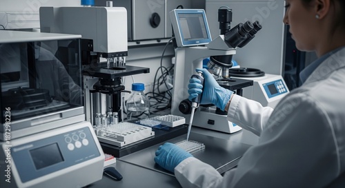 Scientist using an automated micropipette to conduct research in a modern laboratory setting.