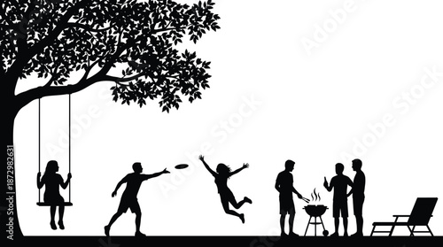 Silhouette of people enjoying outdoor activities with swing, frisbee, barbecue, and social gathering under a large tree in backyard