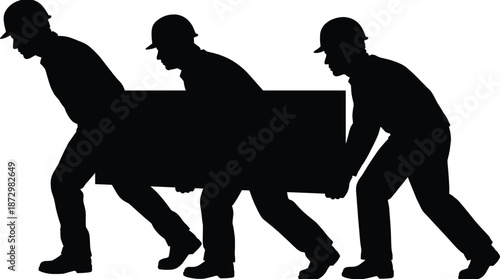 Silhouette of three workers wearing hard hats lifting a heavy object together, symbolizing teamwork, labor effort, and construction safety