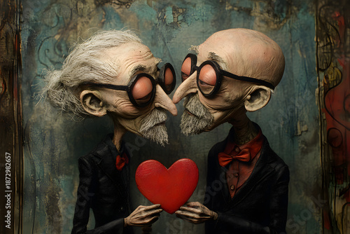 Carton style illustration of two old gay men celebrating Valentine's Day.