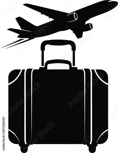 Silhouette graphic representing the concept of air travel and journey preparation featuring a rolling suitcase positioned beneath a taking off airplane.