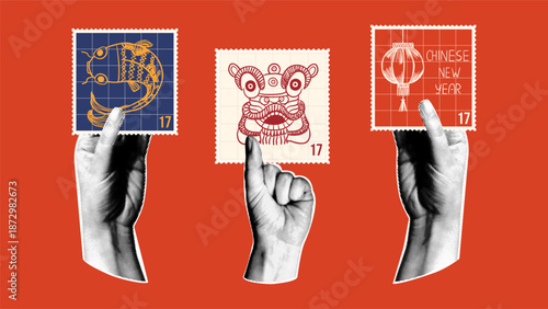 Retro Collage for Chinese New Year. Halftone vintage hands holding decorative postage stamps with traditional Asian symbols. Lunar New Year postal elements