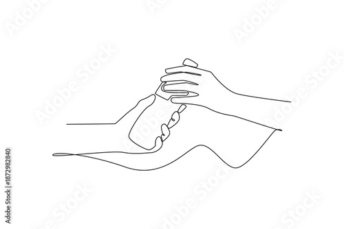 Handing Over a Water Bottle to Another Person. Friends Giving concept. Single line draw design. Vector graphic illustration