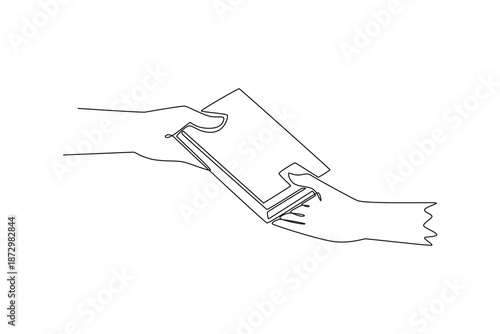 Hand passing book to another person. Friends Giving concept. Single line draw design. Vector graphic illustration