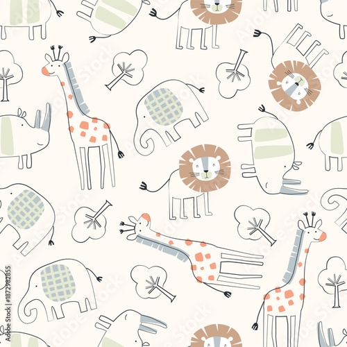 An adorable seamless vector pattern featuring hand-drawn giraffes, lions, elephants, and rhinos. Perfect for nursery textiles, baby apparel, and whimsical wallpaper designs