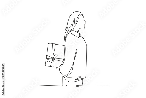 hold present box with gift ribbon bow. Friends Giving concept. Single line draw design. Vector graphic illustration
