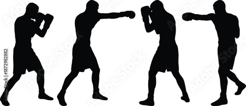 Silhouettes of Boxers in Dynamic Fighting Poses, Demonstrating Punching, Guarding, and Footwork Techniques for Fitness, Training, and Combat Sports