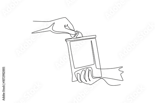 Men taking potato chips from opened packaging. Friend sharing food.. Friends Giving concept. Single line draw design. Vector graphic illustration