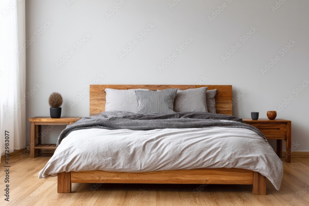 Fototapeta premium Minimalist bedroom with wooden bed and side tables.
