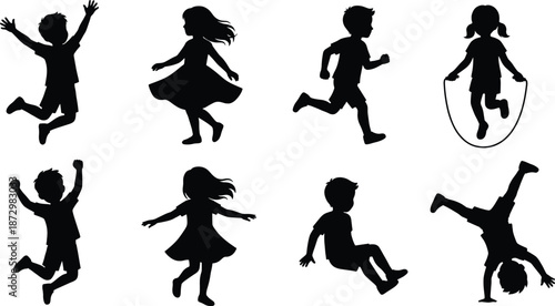 Silhouettes of Eight Children Playing in Various Joyful Poses, Expressing Childhood Fun, Movement, Energy, and Outdoor Physical Activity