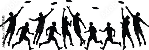 Silhouettes of People Playing with Flying Discs in Action Poses, Depicting Athletic Movement, Outdoor Recreation, and Frisbee Sports Energy