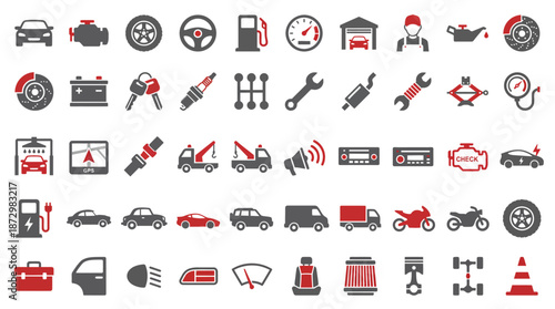 Automotive Service Icons Collection, Mechanics Tools, Digital Art, Industry, Graphics, Overhead View, Visual Representation