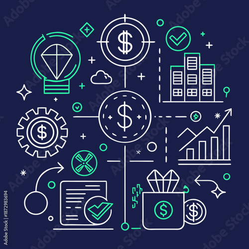 Money income linear icon set, minimal outline design, scalable vector