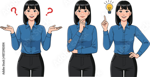 Business woman problem solving concept showing confusion thinking and idea moment, female character expressions, flat vector illustration isolated on white background, studio design style
