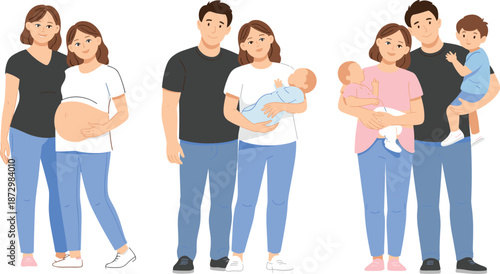 Family life stages illustration showing pregnancy newborn and toddler parenting, happy parents with children, flat vector characters isolated on white background studio design set