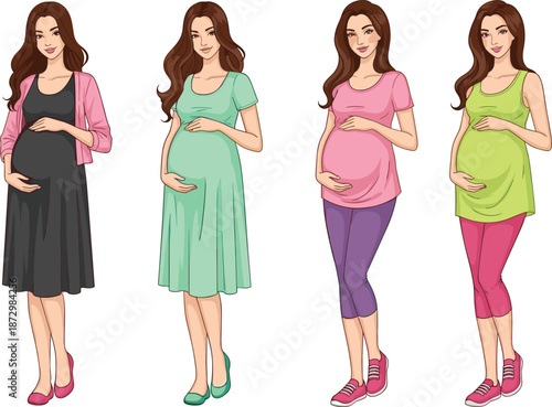 Pregnant woman character set showing maternity fashion styles, expecting mother outfits, pregnancy lifestyle concept, flat vector illustration isolated on white background design, studio collection