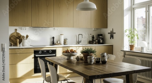 Bright Scandinavian Kitchen Interior with Light Wood Cabinetry, Rustic Dining Table, and Natural Sunlight