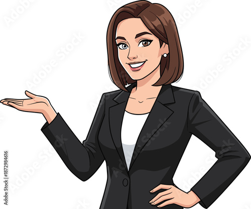 Professional business woman presenting with open hand gesture, confident female character, corporate communication concept, flat vector illustration isolated on white background