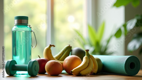 Dry January healthy lifestyle set with fitness and wellness symbols on table