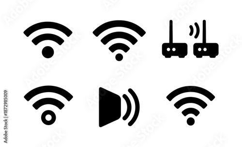 Collection of black wireless and audio icons on a white background