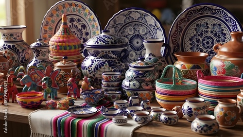 A colorful assortment of traditional pottery and ceramic dishes, showcasing intricate designs and vibrant colors