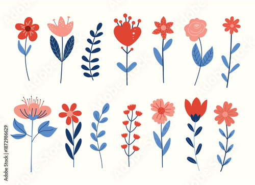 Decorative vector hand drawn flowers in flat style. Spring holidays. Perfect for Valentine's Day, Women's Day, Easter, Mother's Day