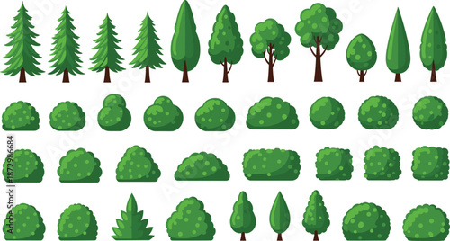 Green trees and bushes set with forest plants, shrubs and foliage elements, flat vector nature illustration