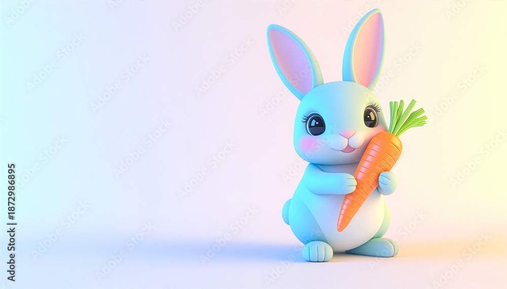 Obraz premium Cute 3D cartoon bunny holding a huge carrot on pastel background