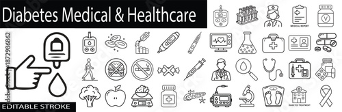 Diabetes Medical and Healthcare Line Icons Set