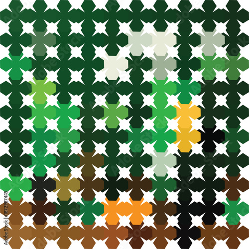 Abstract Geometric Cross Pattern Background. Green and Brown Camouflage Mosaic Texture. Seamless Plus Sign Vector Wallpaper for Textile and Fabric Design.