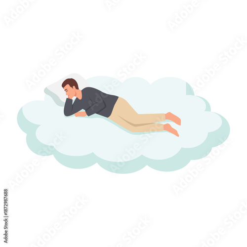 Man Sleeping on Cloud Representing Dream and Relaxation. Flat vector illustration isolated on white background