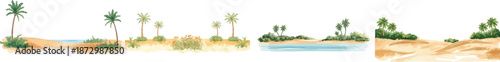 Watercolor sand beach set with palms and bushes, isolated on white background.