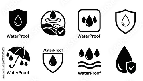 Collection of WaterProof Icons Illustrating Protection Against Water Damage and Liquids