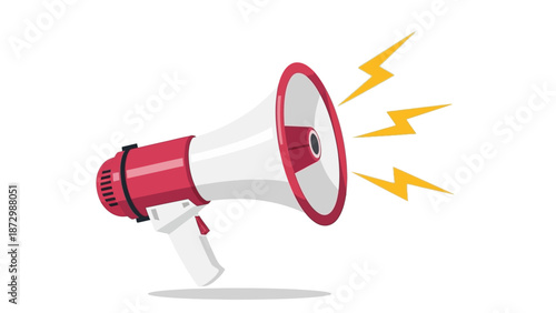 Amplified announcement and communication through a red and white megaphone illustration with yellow lightning bolts symbolizing sound waves