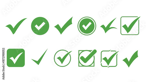Comprehensive Collection of Green Checkmark Icons Representing Approval, Success, and Completion for UI/UX Design and Digital Content Verification